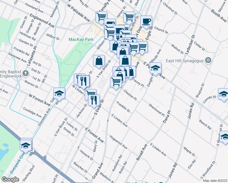 map of restaurants, bars, coffee shops, grocery stores, and more near 106 Grand Avenue in Englewood