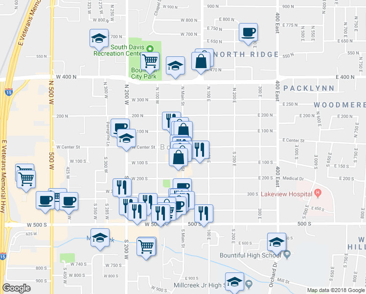 map of restaurants, bars, coffee shops, grocery stores, and more near S Main St & E Center St in Bountiful