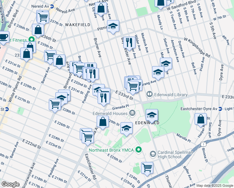 map of restaurants, bars, coffee shops, grocery stores, and more near 4012 Ely Avenue in Bronx