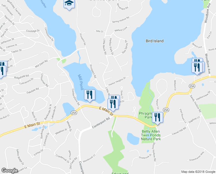 map of restaurants, bars, coffee shops, grocery stores, and more near 2 Harbor Heights Drive in Centerport