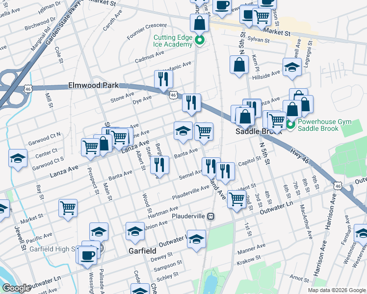 map of restaurants, bars, coffee shops, grocery stores, and more near 62 Alpine Street in Garfield