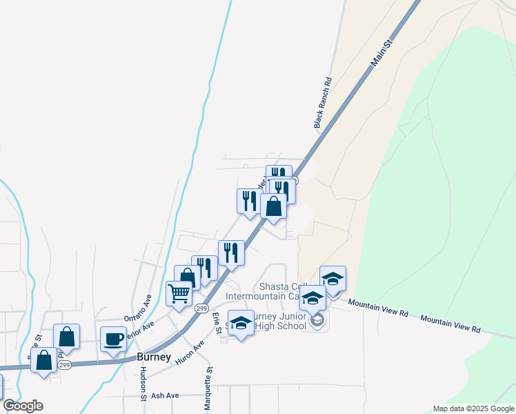 map of restaurants, bars, coffee shops, grocery stores, and more near 37401-37425 Snyder Way in Burney