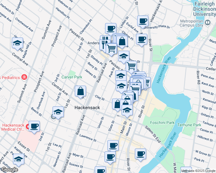 map of restaurants, bars, coffee shops, grocery stores, and more near 340 Park Street in Hackensack