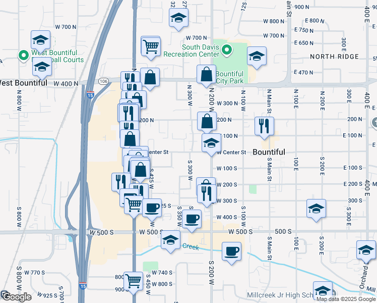 map of restaurants, bars, coffee shops, grocery stores, and more near 314 West Center Street in Bountiful