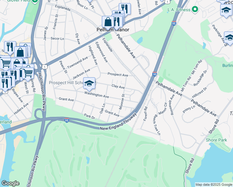 map of restaurants, bars, coffee shops, grocery stores, and more near 1061 Clay Avenue in Pelham Manor