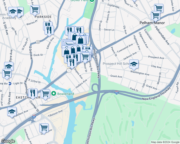 map of restaurants, bars, coffee shops, grocery stores, and more near 936-996 Spring Road in Pelham Manor