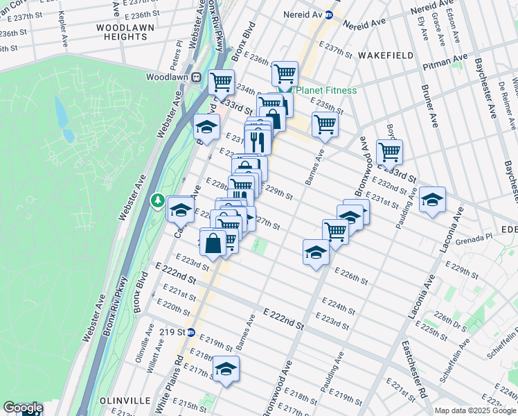 map of restaurants, bars, coffee shops, grocery stores, and more near in The Bronx