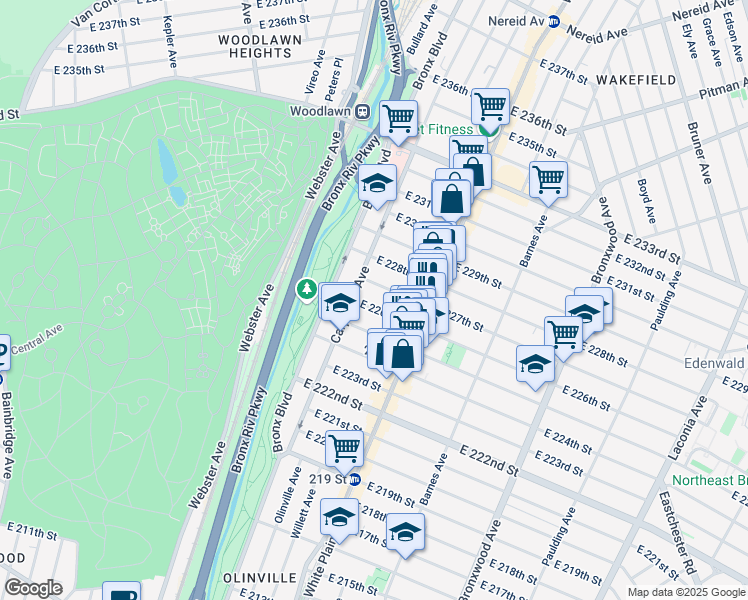 map of restaurants, bars, coffee shops, grocery stores, and more near 647 East 227th Street in Bronx