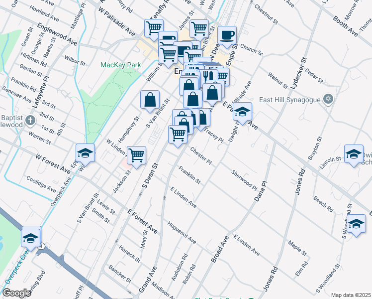map of restaurants, bars, coffee shops, grocery stores, and more near 94 Grand Avenue in Englewood