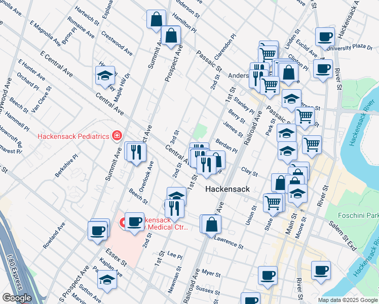 map of restaurants, bars, coffee shops, grocery stores, and more near 237 Clay Street in Hackensack