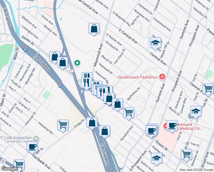 map of restaurants, bars, coffee shops, grocery stores, and more near 72 Howcroft Road in Maywood