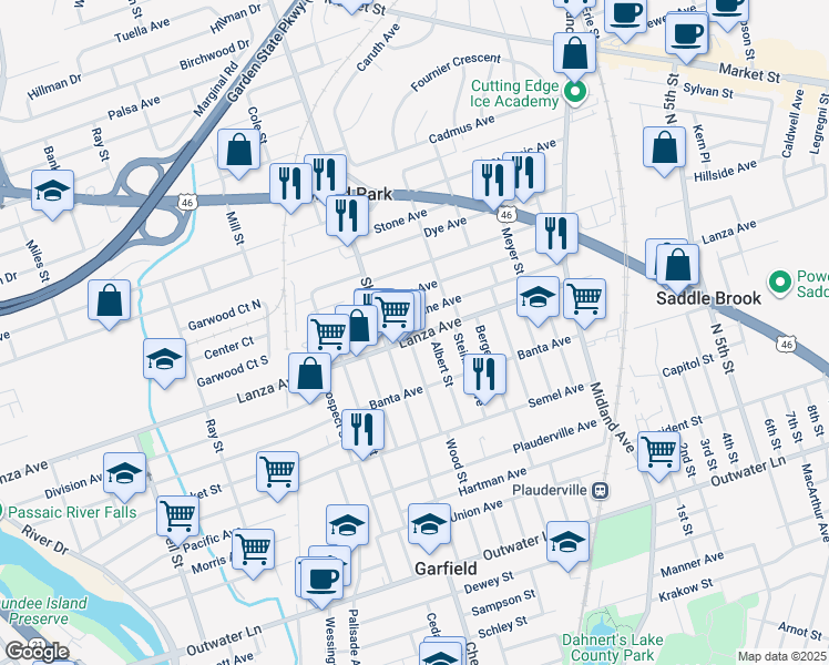 map of restaurants, bars, coffee shops, grocery stores, and more near 377 Madeline Avenue in Garfield