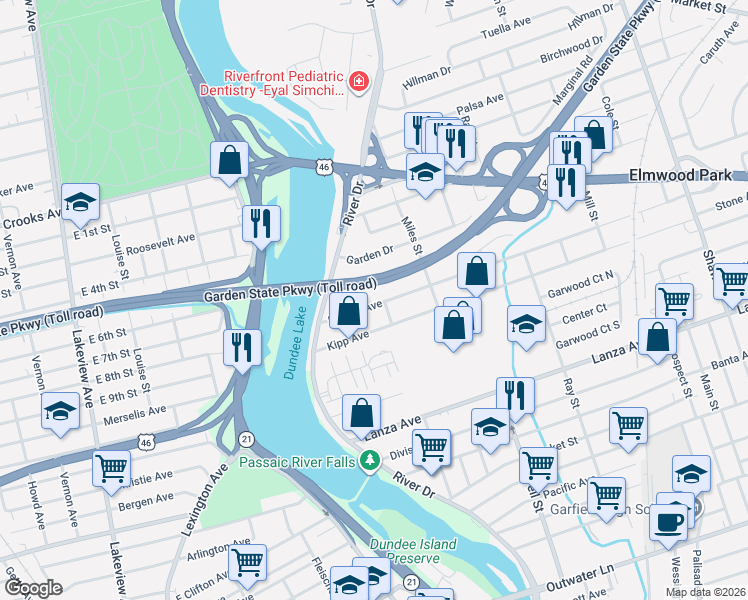 map of restaurants, bars, coffee shops, grocery stores, and more near 65 Martha Avenue in Elmwood Park