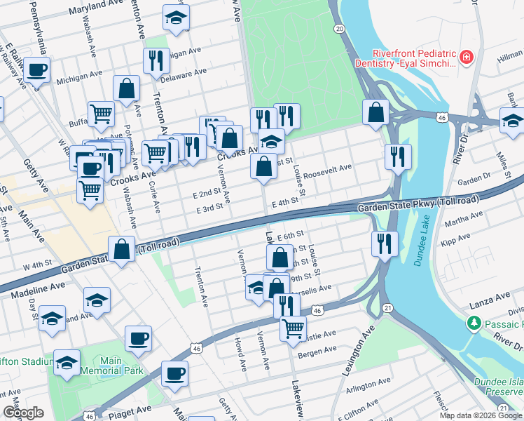 map of restaurants, bars, coffee shops, grocery stores, and more near 439 County Route 624 in Clifton