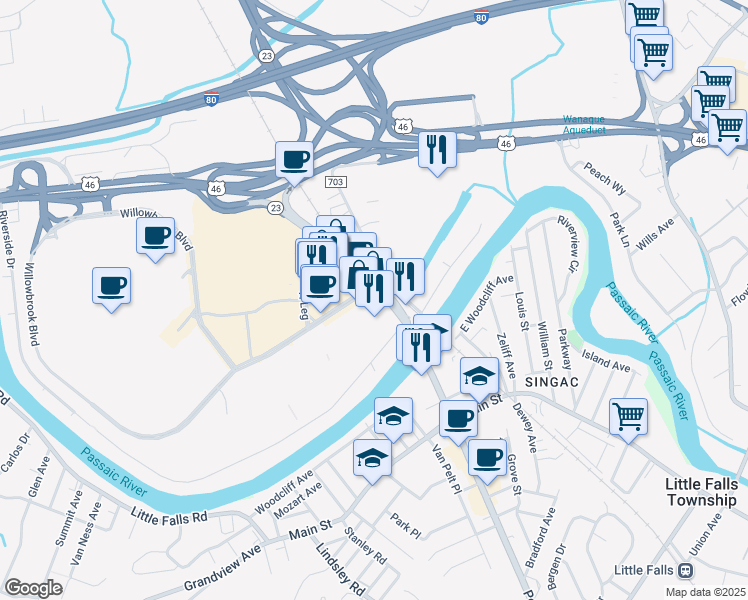 map of restaurants, bars, coffee shops, grocery stores, and more near 76 Old Turnpike Road in Wayne