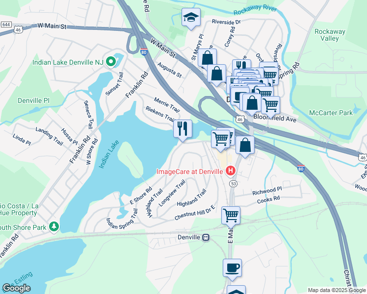 map of restaurants, bars, coffee shops, grocery stores, and more near 60-62 Indian Road in Denville