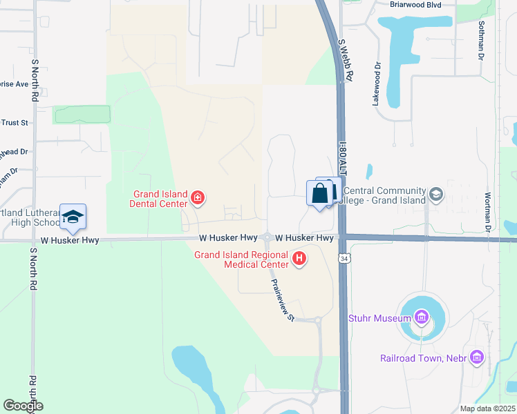 map of restaurants, bars, coffee shops, grocery stores, and more near Prairieview Street in Grand Island