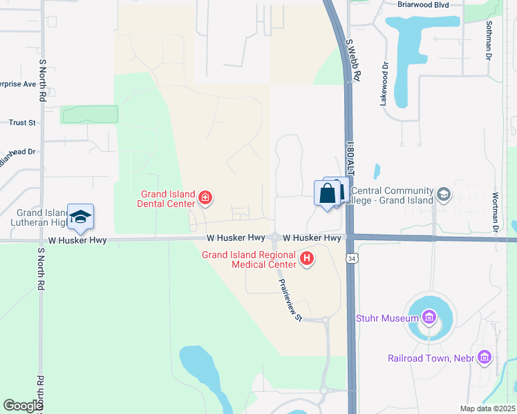 map of restaurants, bars, coffee shops, grocery stores, and more near Prairieview Street in Grand Island