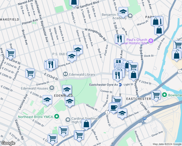 map of restaurants, bars, coffee shops, grocery stores, and more near 3910 Seton Avenue in Bronx