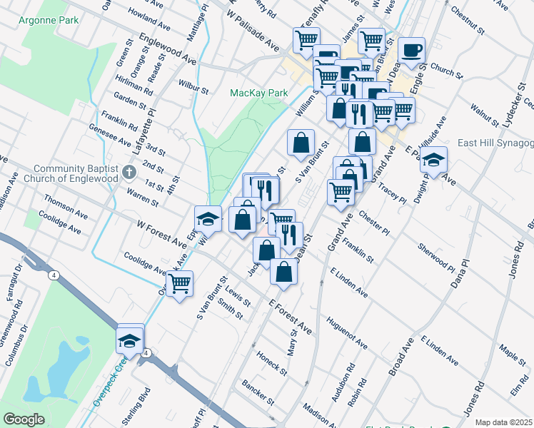 map of restaurants, bars, coffee shops, grocery stores, and more near 152 South Van Brunt Street in Englewood