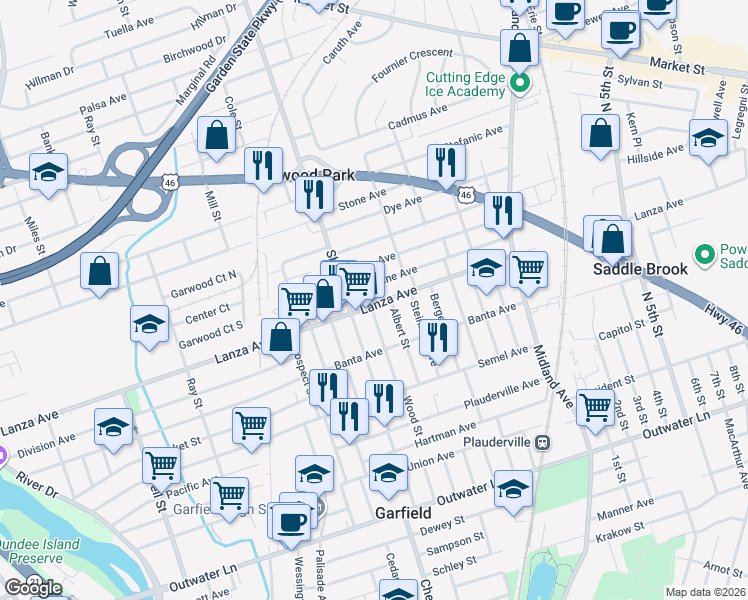 map of restaurants, bars, coffee shops, grocery stores, and more near 377 Madeline Avenue in Garfield