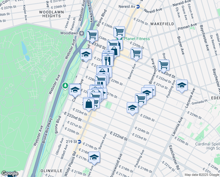map of restaurants, bars, coffee shops, grocery stores, and more near 726 East 228th Street in Bronx