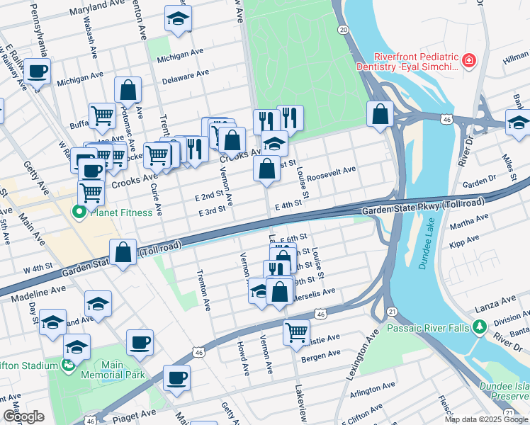 map of restaurants, bars, coffee shops, grocery stores, and more near 439 County Route 624 in Clifton