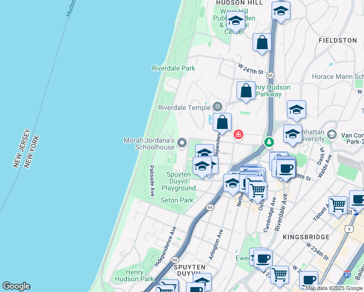 map of restaurants, bars, coffee shops, grocery stores, and more near 3861 Hudson Manor Terrace in Bronx