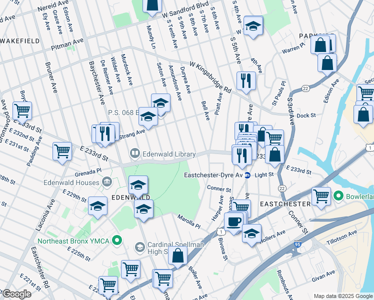 map of restaurants, bars, coffee shops, grocery stores, and more near 3929 Amundson Avenue in Bronx