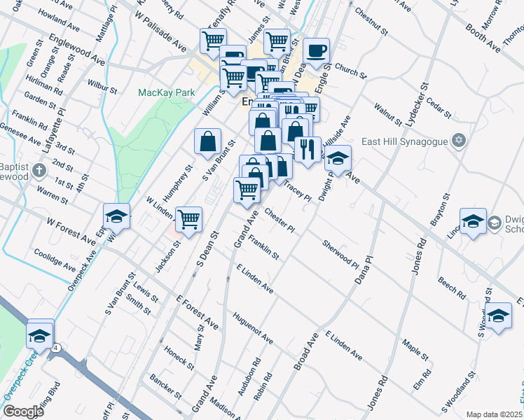 map of restaurants, bars, coffee shops, grocery stores, and more near 94 Grand Avenue in Englewood