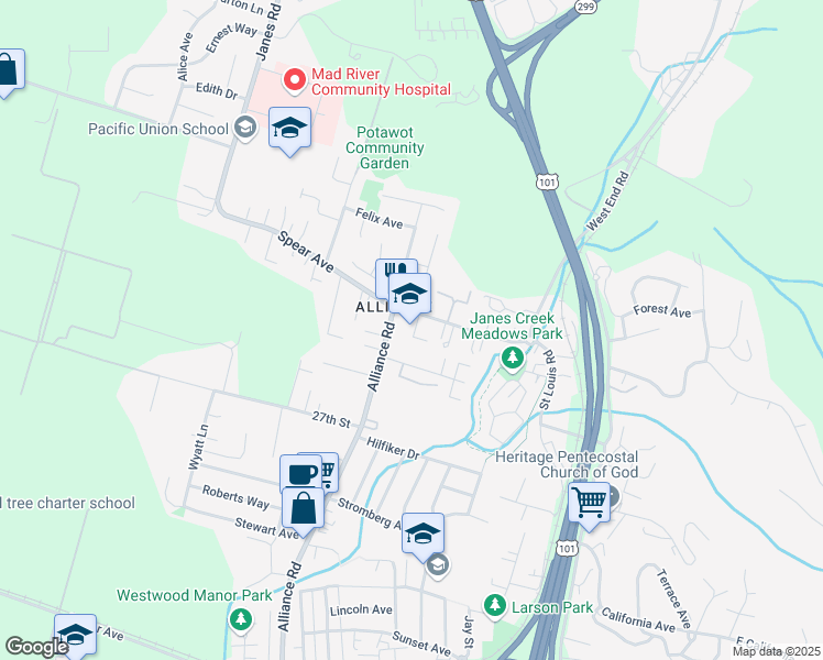 map of restaurants, bars, coffee shops, grocery stores, and more near 1464 Spear Avenue in Arcata