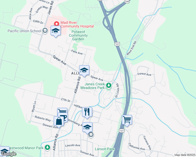 map of restaurants, bars, coffee shops, grocery stores, and more near 1220 Spear Avenue in Arcata