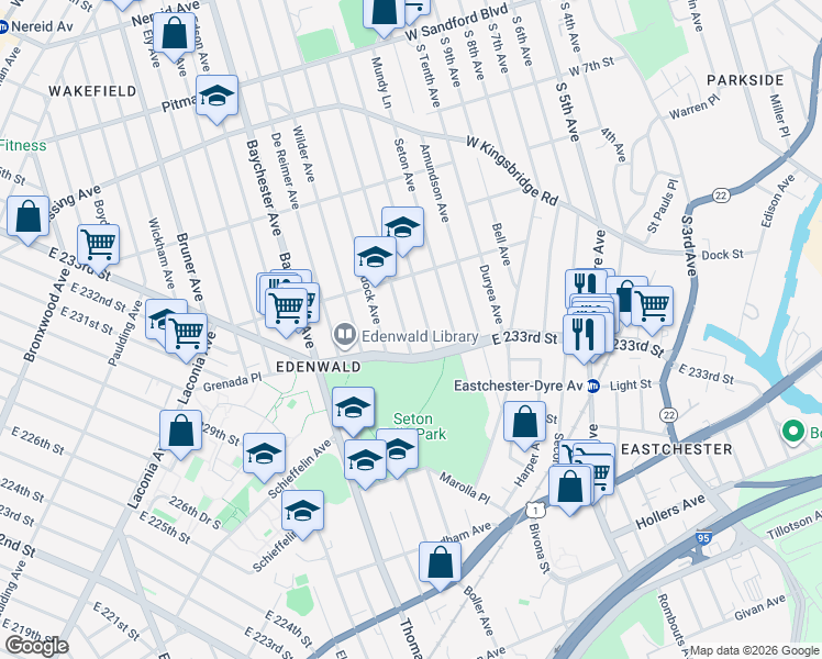 map of restaurants, bars, coffee shops, grocery stores, and more near 3951 Hill Avenue in Bronx