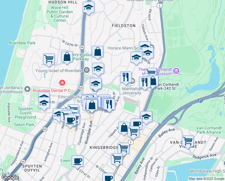 map of restaurants, bars, coffee shops, grocery stores, and more near Dash Place in The Bronx