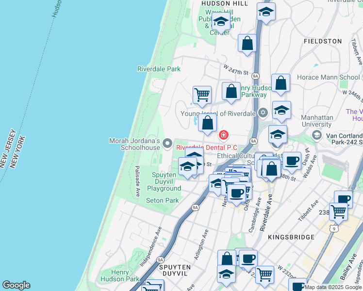 map of restaurants, bars, coffee shops, grocery stores, and more near 3861 Hudson Manor Terrace in Bronx