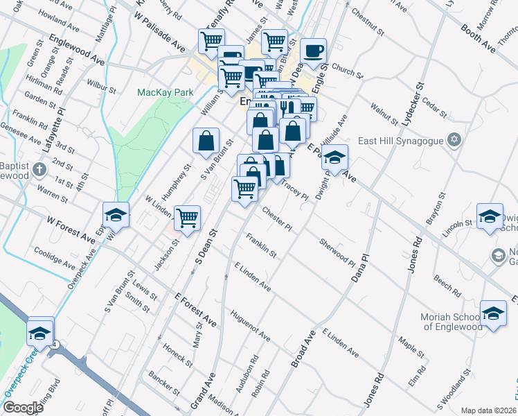 map of restaurants, bars, coffee shops, grocery stores, and more near 94 Grand Avenue in Englewood