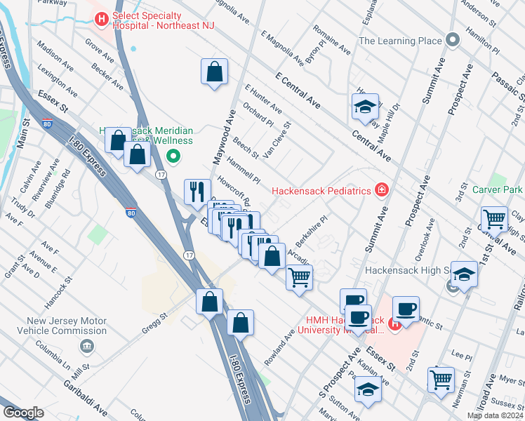 map of restaurants, bars, coffee shops, grocery stores, and more near 107 Maybrook Drive in Maywood
