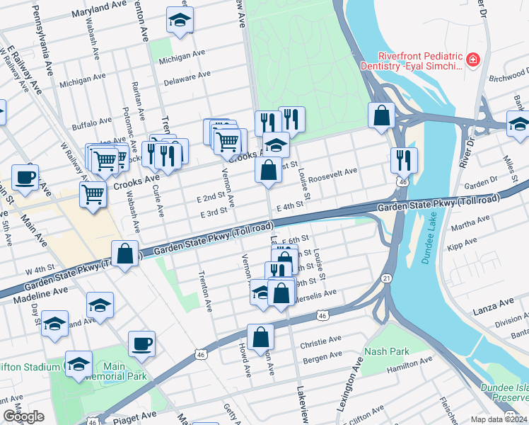 map of restaurants, bars, coffee shops, grocery stores, and more near 439 County Route 624 in Clifton