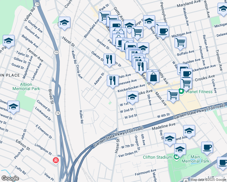 map of restaurants, bars, coffee shops, grocery stores, and more near 1090 Main Street in Paterson