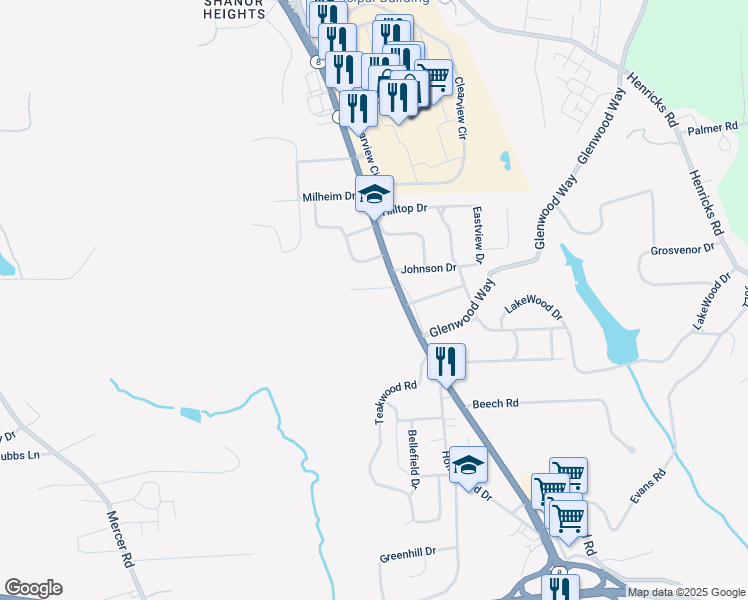 map of restaurants, bars, coffee shops, grocery stores, and more near 104 Concordia Way in Butler