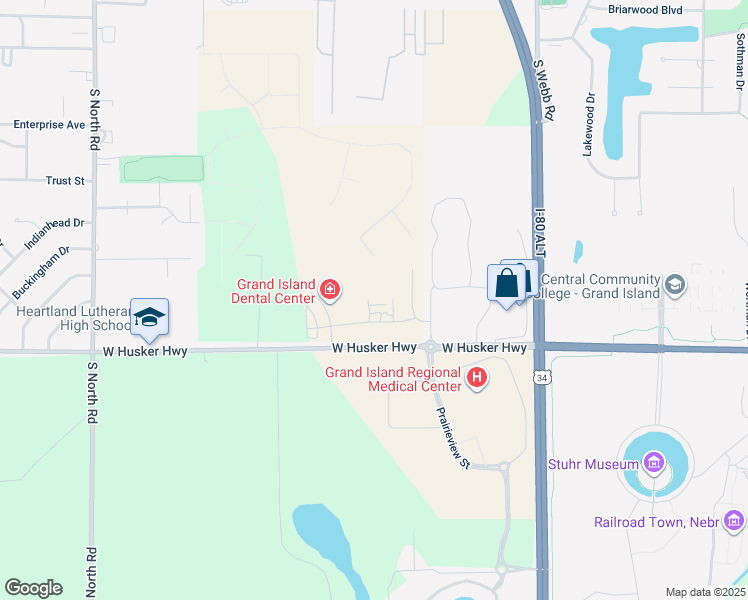 map of restaurants, bars, coffee shops, grocery stores, and more near Prairieview Street in Grand Island