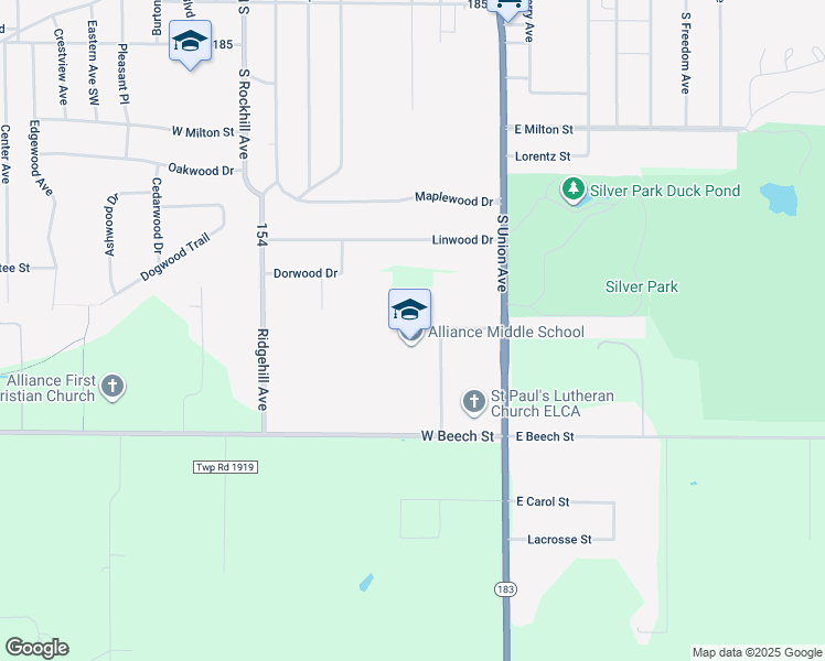 map of restaurants, bars, coffee shops, grocery stores, and more near 3205 South Union Avenue in Alliance