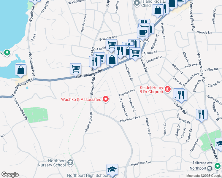 map of restaurants, bars, coffee shops, grocery stores, and more near 36 Tompkins Street in East Northport