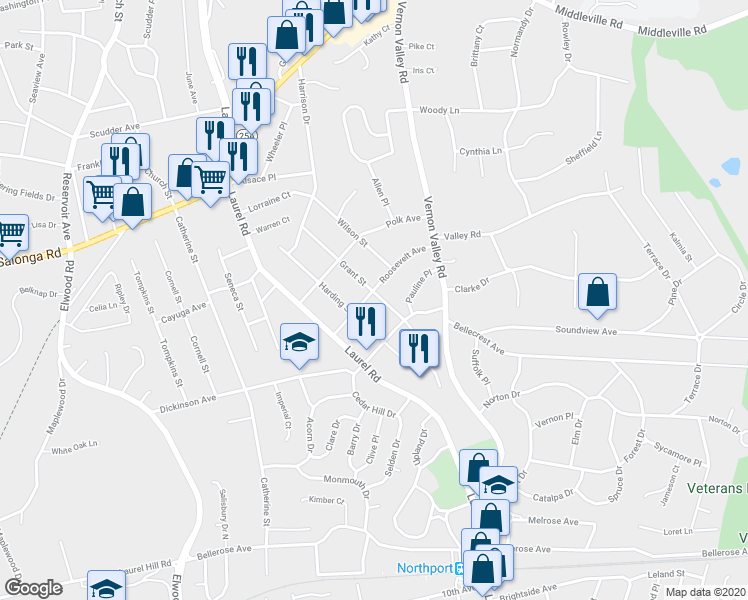 map of restaurants, bars, coffee shops, grocery stores, and more near 28 Roosevelt Avenue in East Northport