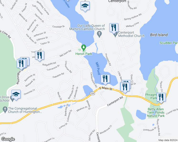 map of restaurants, bars, coffee shops, grocery stores, and more near 41 Centershore Road in Centerport