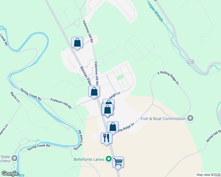 map of restaurants, bars, coffee shops, grocery stores, and more near 122 Cambridge Lane in Bellefonte