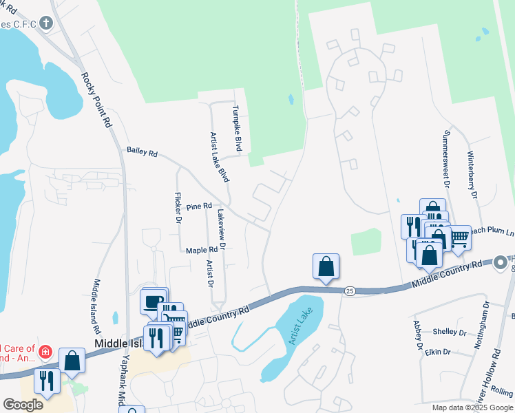 map of restaurants, bars, coffee shops, grocery stores, and more near 76 Bailey Court in Middle Island