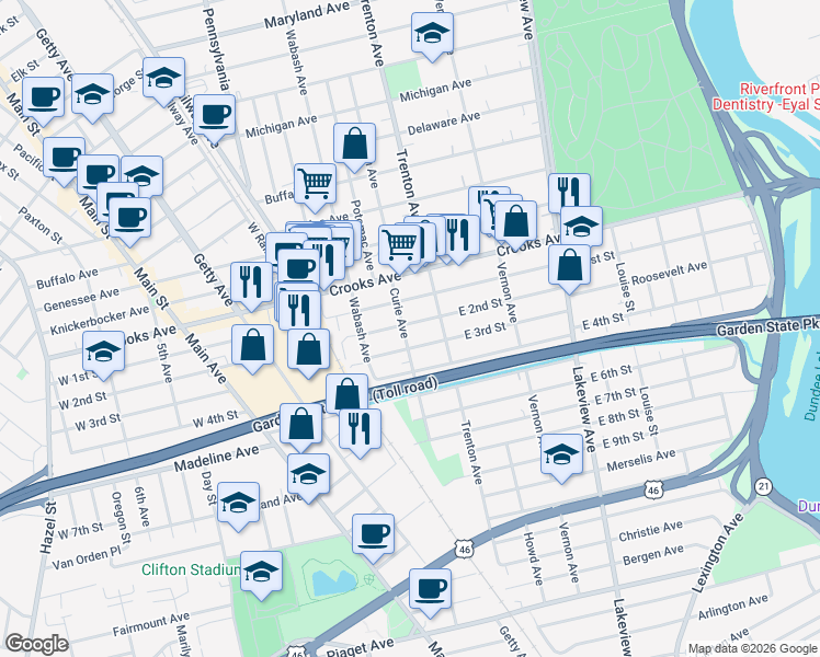 map of restaurants, bars, coffee shops, grocery stores, and more near 122 East 2nd Street in Clifton