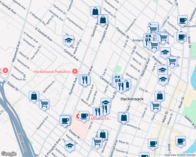 map of restaurants, bars, coffee shops, grocery stores, and more near 212 Prospect Avenue in Hackensack