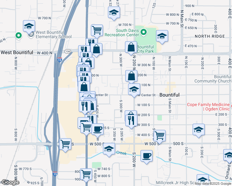 map of restaurants, bars, coffee shops, grocery stores, and more near 324 West Center Street in Bountiful
